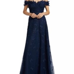 Teri Jon Navy Blue Butterfly-Applique Lace Tulle Off-The-Shoulder Gown
